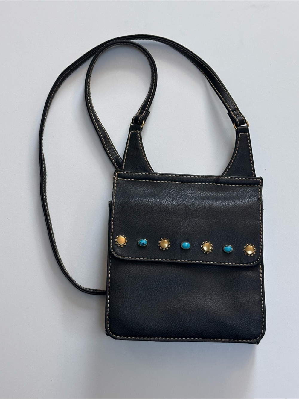Relic by Fossil Black Leather Crossbody Bag with Stud and Turquoise Accent